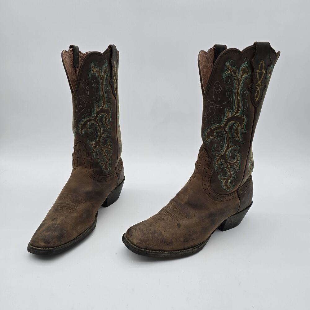 Justin Boots Womens 7.5 B Leather 14 Inch Stampede Cowgirl Embossed Teal L2552